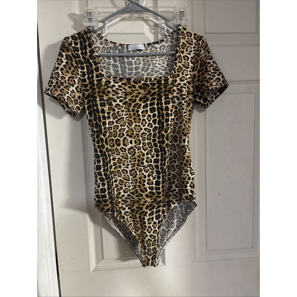 MangoPop Womens Leopard Print Long Sleeve Scoop Neck Bodysuit Brown Tan Large